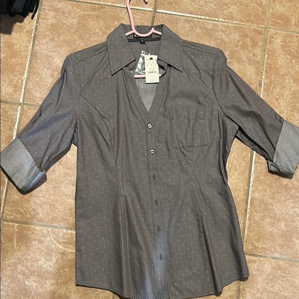 Gray Button-Up Shirt with Polka Dots